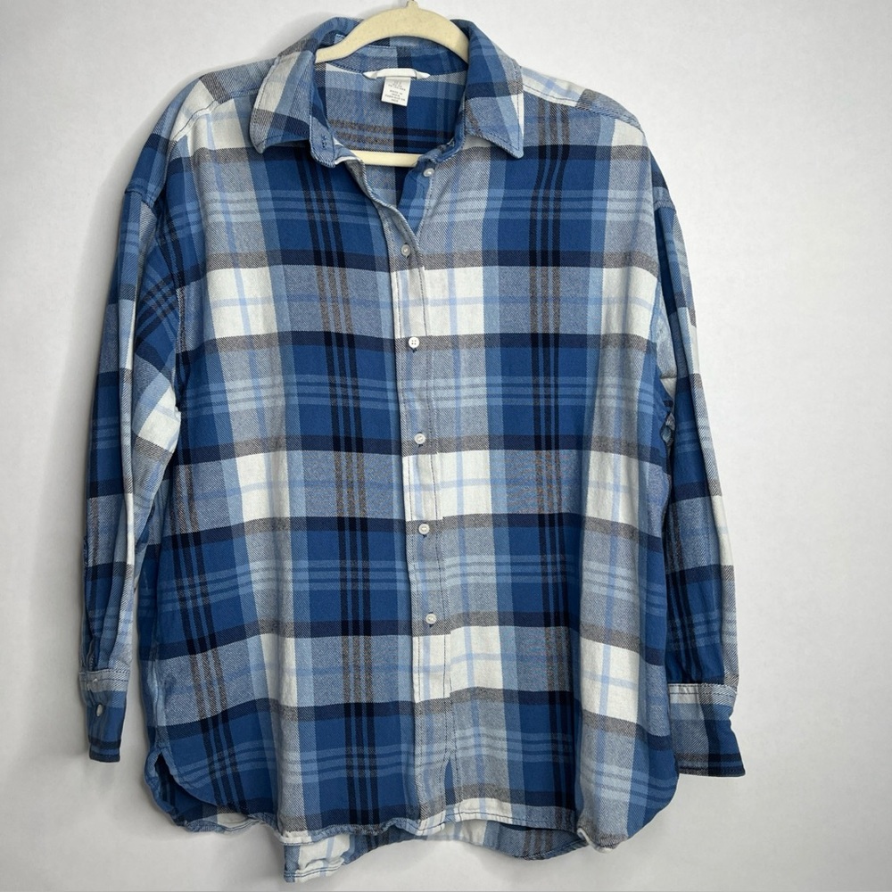 H&M Mens Cotton Button Down Up Blue Plaid Small S‎ Oversized Girls’ Boyfriend
